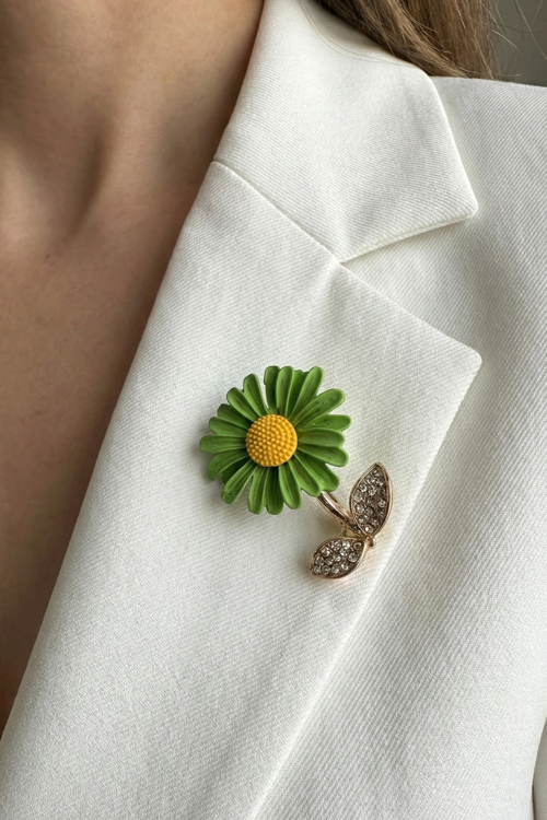 Altın Rengi Yaprak Detay Taşlı Ay Çiçeği Broş (3cm)
