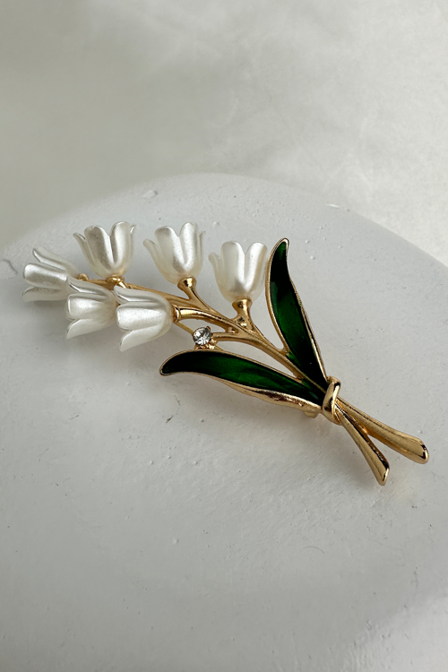 Altın Rengi Yeşil Mineli Yaprak Sedef Lale Broş( 6cm)