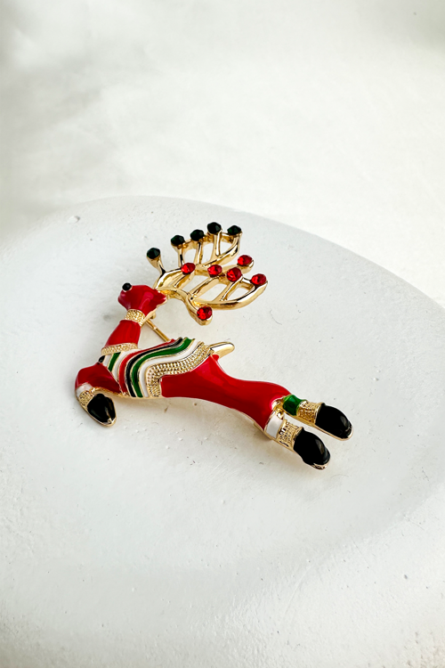 Yılbaşı Özel Çizgi Mine Detay Taşlı Geyik Broş (5cm)