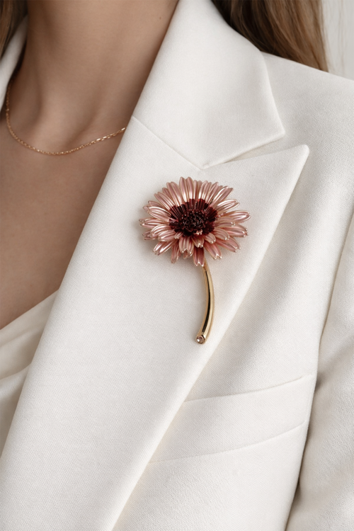 Rose Rengi Çiçek Formlu Zarif Broş (5cm)