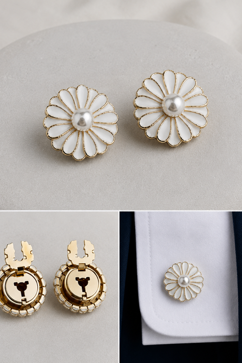 Altın Sarısı İnci Detay Beyaz Çiçek Gömlek Kol Düğmesi Broş (2cm)