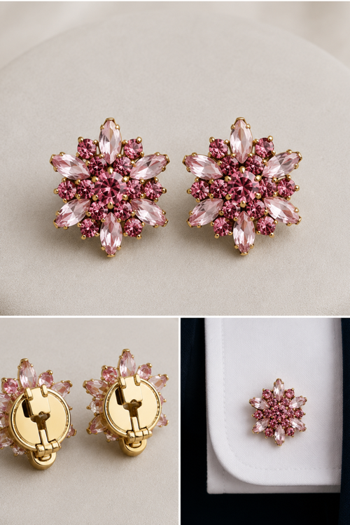 Pembe Kristal Taşlı Çiçek Tasarımlı Gömlek Kol Düğmesi Broş (2 cm)