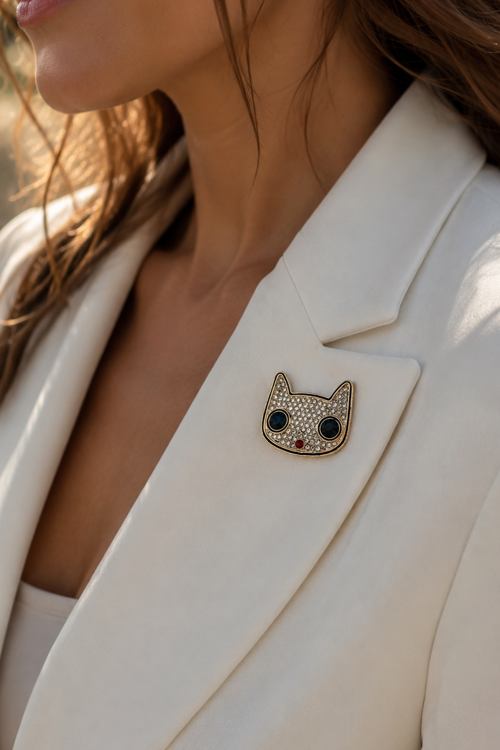 Altın Sarısı Taş Detay Kedi Broş (3cm)