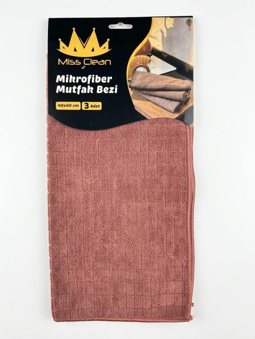 Miss Clean Mikrofiber Kareli Yüzey Cam Temizlik Bezi 40x40 Cm Süper Emici - Kahverengi - 3'lü