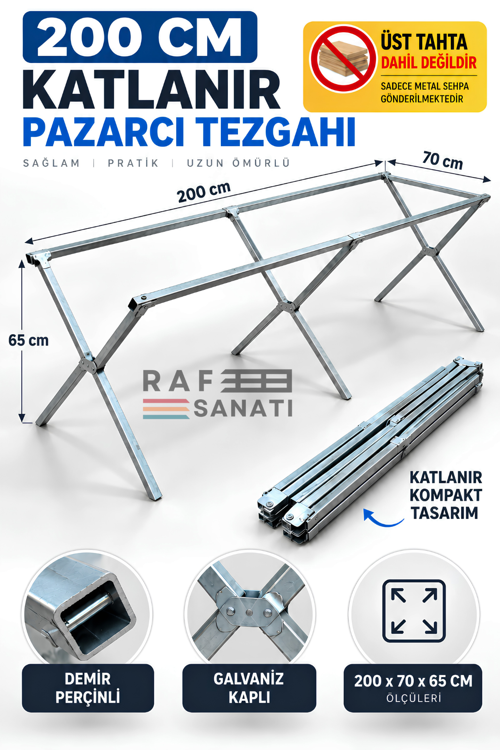 200 CM Pazarcı Tezgahı Kampet – Katlanır Portatif Galvaniz Tezgah, Seyyar Satış ve Fuar Standı (Tahta Hariç)
