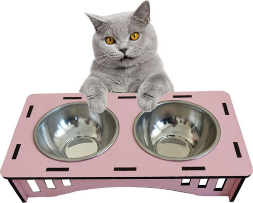 Ahşap Kedi Mamalık Ve Su Kabı Pembe Çelik Tas Mamalık