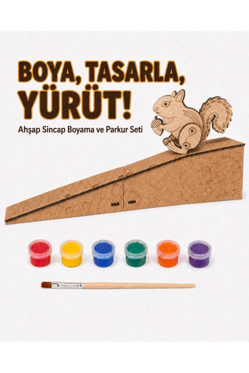 Çocuk Ahşap Hareketli Sincap Boyama Seti – 6 Renk Boya, Fırça Ve Kolay Montaj Parkuru