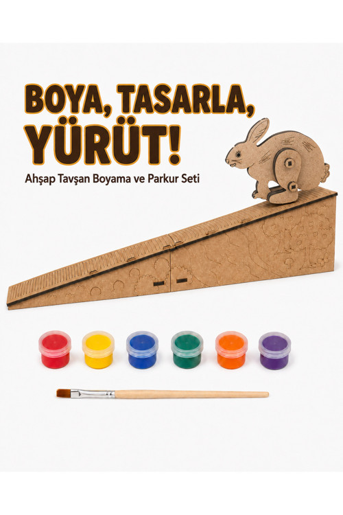 Çocuk Ahşap Hareketli Tavşan Boyama Seti – 6 Renk Boya, Fırça Ve Kolay Montaj Parkuru