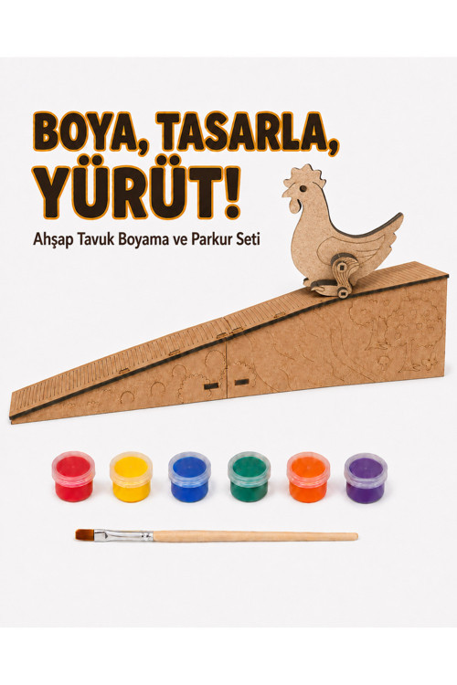 Çocuk Ahşap Hareketli Tavuk Boyama Seti – 6 Renk Boya, Fırça Ve Kolay Montaj Parkuru