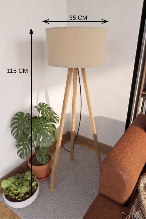 Büro Ev Ofis Hediyesi için 3 Ayaklı Tripod Lambader Bej Kumaş Başlık