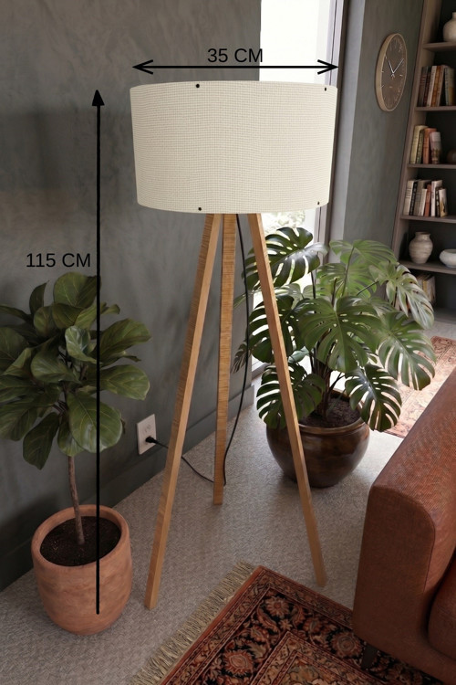 Büro Ev Ofis Hediyesi için 3 Ayaklı Tripod Lambader Krem Kumaş Başlık