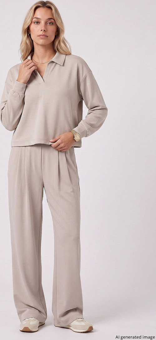Bej Polo Yaka Rahat Form Geniş Paça Kadın Eşofman Takım - 95358