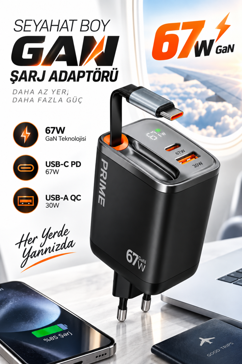 FC57 67W GaN Hızlı Şarj Adaptörü – Dahili Geri Çekilebilir USB-C Kablo, USB-C + USB-A, LCD