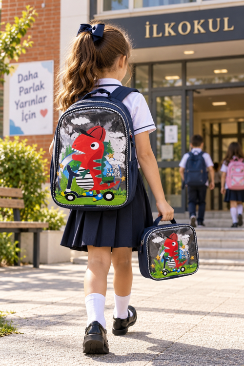 Sevimli Dinozor Simli İlkokul Çantası 2'li Set Sırt Çantası ve Beslenme Çantası 38x25x20 cm