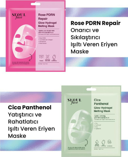 Seoul Face Gül Rose PDRN Onarıcı Glow Hidrojel Maske ve Cica Eriyen Maske