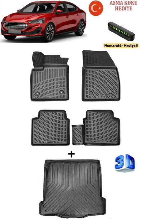 Ford Focus 2018 Sonrası Uyumlu 3D Havuzlu Paspas (Sağ Yolcuda Klips Yok) ve Bagaj Havuzu Seti ASMA KOKU VE NUMAR