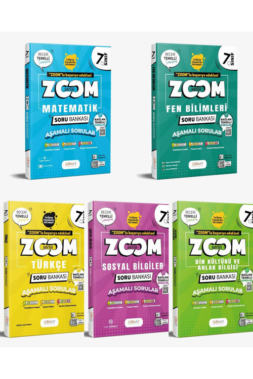 Günay Yayıncılık 7. Sınıf Zoom Türkçe-Matematik-Fen-Sosyal-Din Tüm Dersler Soru Bankası 5'Li Set (Güncel Müfredat)