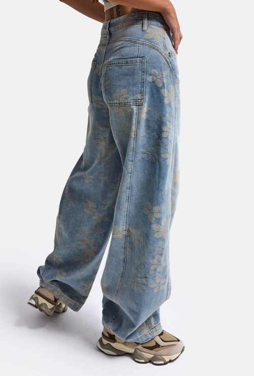Kadın Mavi Baggy Fit T11T Özel Desenli Kumaş Tasarım Denim Jean