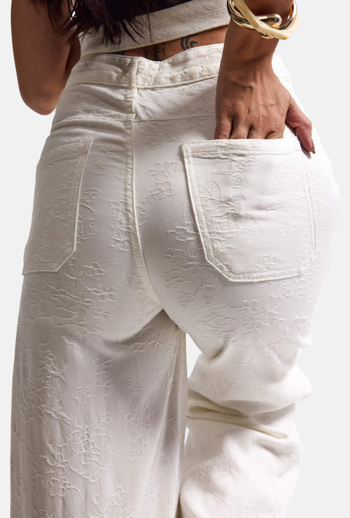 Kadın Beyaz Palazzo Fit T16T Özel Desenli Kumaş Tasarım Denim Jean