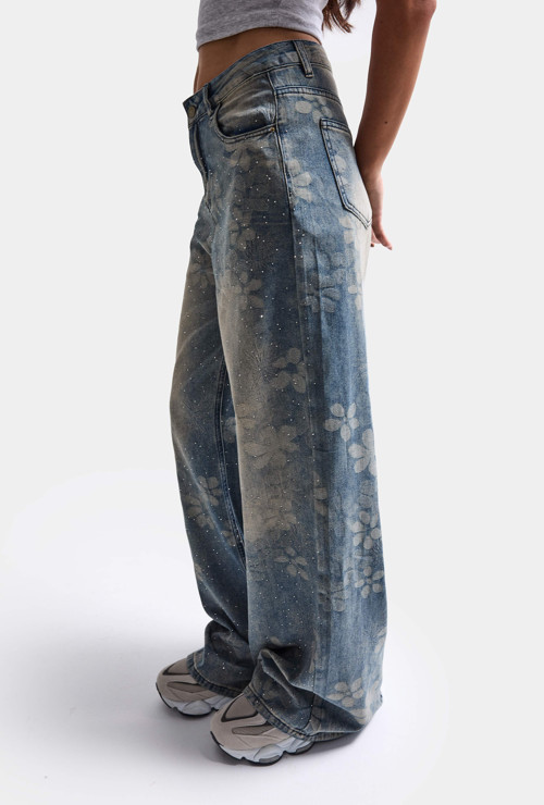 Kadın Mavi Baggy Fit T12T Özel Desenli Kumaş Parlak Taşlı Tasarım Denim Jean