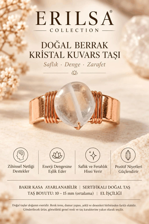 Sertifikalı Doğal Berrak Kristal Kuvars Taşı Yüzük Bakır Kasa Ayarlanabilir El İşçiliği