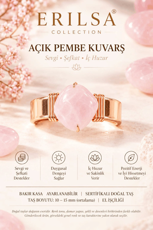Sertifikalı Açık Pembe Kuvars Taşı Doğal Taş Yüzük Bakır Kasa Ayarlanabilir