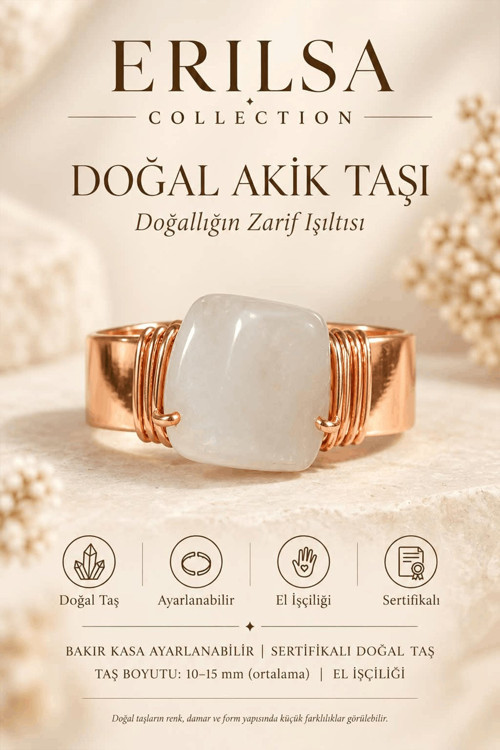 Sertifikalı Beyaz Akik Taşı Doğal Taş Yüzük Bakır Kasa Ayarlanabilir El İşçiliği