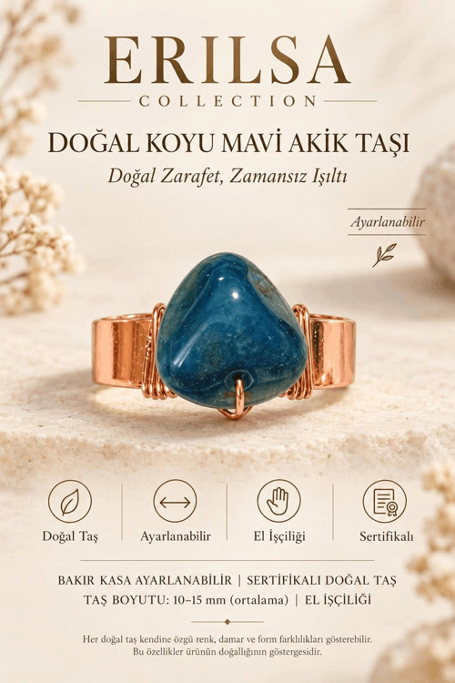 Sertifikalı Koyu Mavi Akik Taşı Doğal Taş Yüzük Bakır Kasa Ayarlanabilir