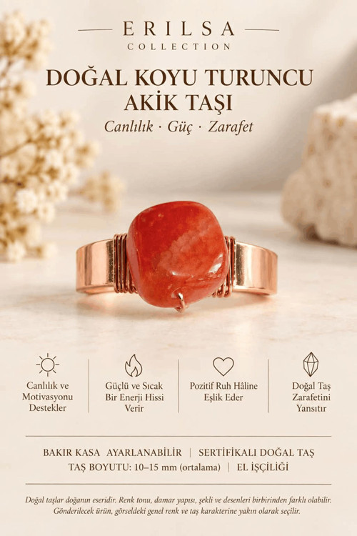 Sertifikalı Doğal Koyu Turuncu Akik Taşı Yüzük Bakır Kasa Ayarlanabilir El İşçiliği
