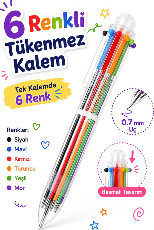 6 Renkli Basmalı Tükenmez Kalem Siyah Mavi Kırmızı Turuncu Yeşil Mor Çok Renkli Tükenmez Kalem P3515
