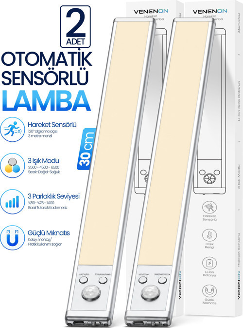 2 Adet Hareket Sensörlü Lamba Şarjlı LED Dolap Altı Lambası 2200 mAh Manyetik 3 Renk Kablosuz 1015