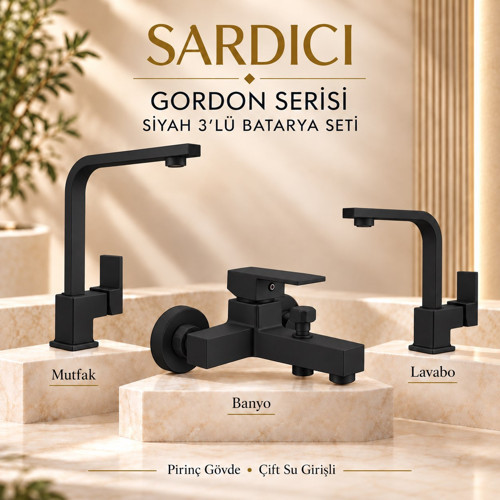 Gordon Mat Siyah 3’lü Mutfak Lavabo Banyo Batarya Seti Dirsek Takımı Dahil