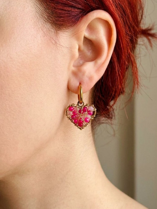 Premium Pembe Kalp Şekilli Kadın Küpe Çift Adet El Yapımı Küpe