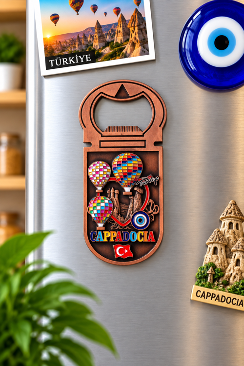 Kapadokya Magnet Şişe Açacağı – Metal Dekoratif Buzdolabı Magneti – Altın Gümüş Bakır – Farklı Desen & Modeller