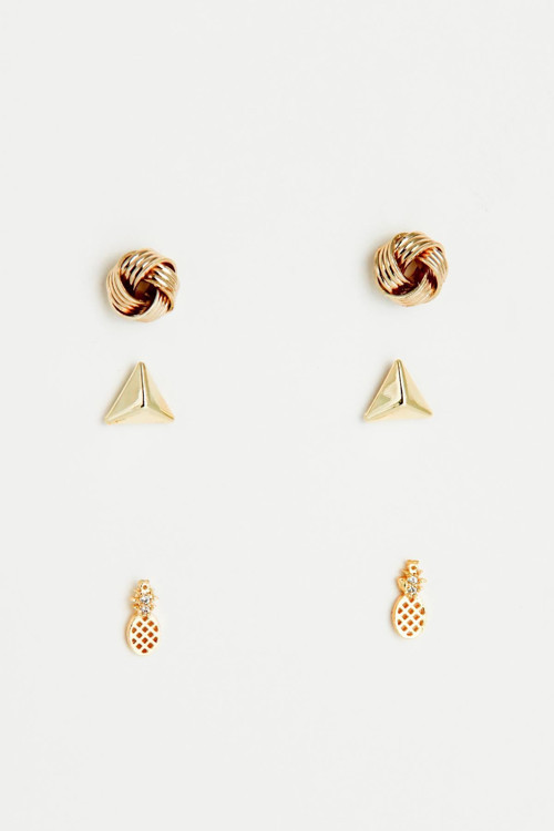 Gold Minimal Ananas Figürlü Küpe Seti