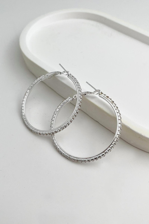 Gümüş Rengi Şerit Taşlı Halka Küpe (4cm)