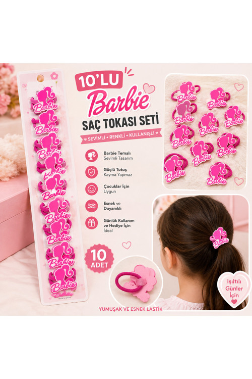 10’lu Temalı Çocuk Saç Tokası Seti – Pembe Figürlü Lastik Toka 🎀💗