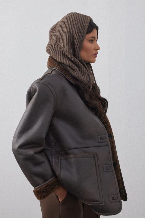İpli Balaclava Bere Başlık Kahverengi