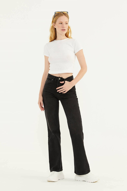Straight High Ankle Jean Siyah