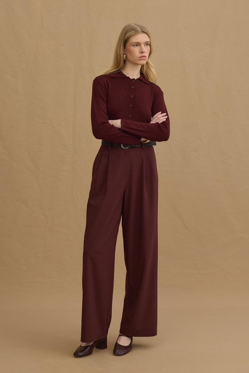 Çift Pilili Pantolon Bordo