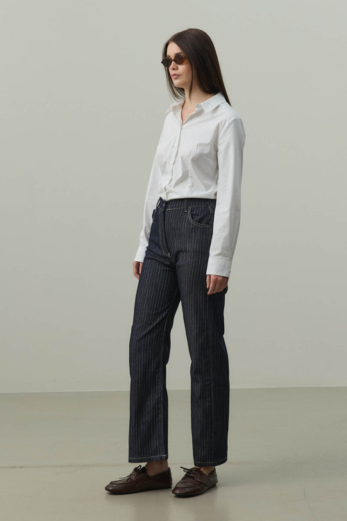 Çizgili Straight Denim Pantolon Lacivert