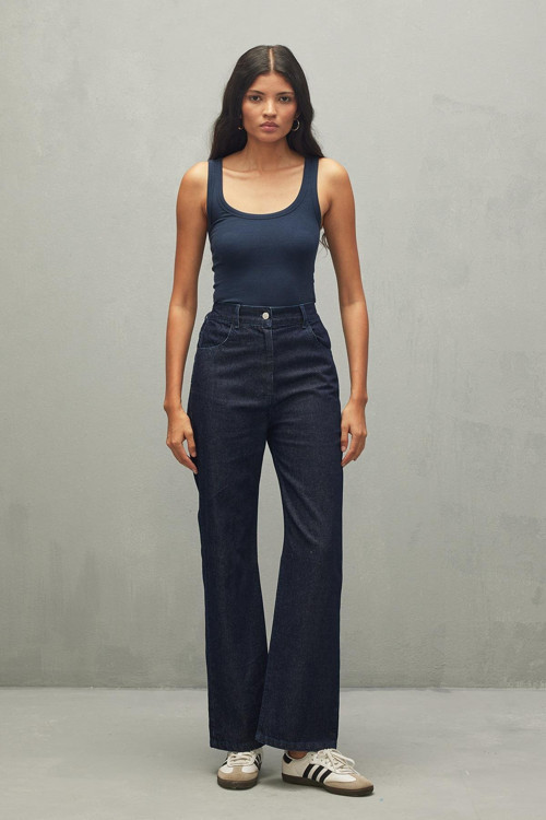 Yüksek Bel Straight Jean Pantolon Koyu Mavi