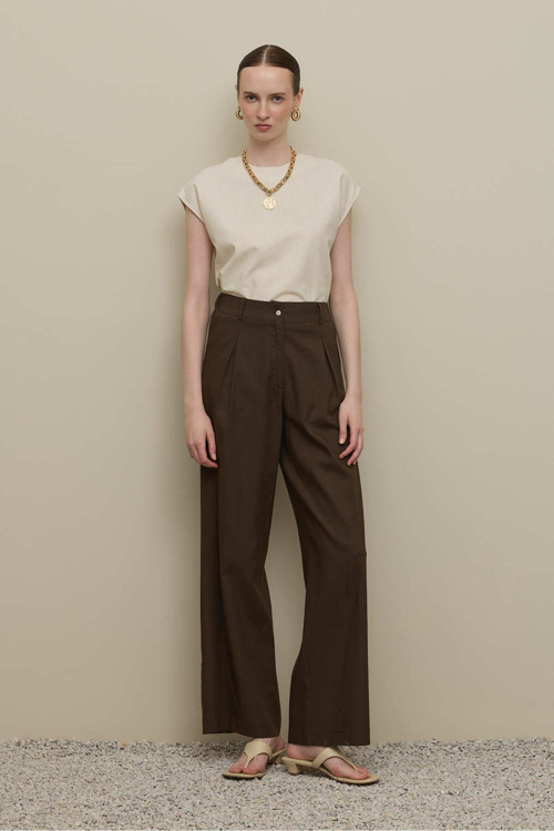 Keten Straight Pantolon Acı Kahve