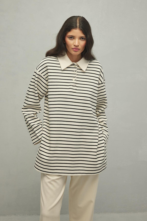 Polo Yaka Çizgili Sweatshirt Siyah