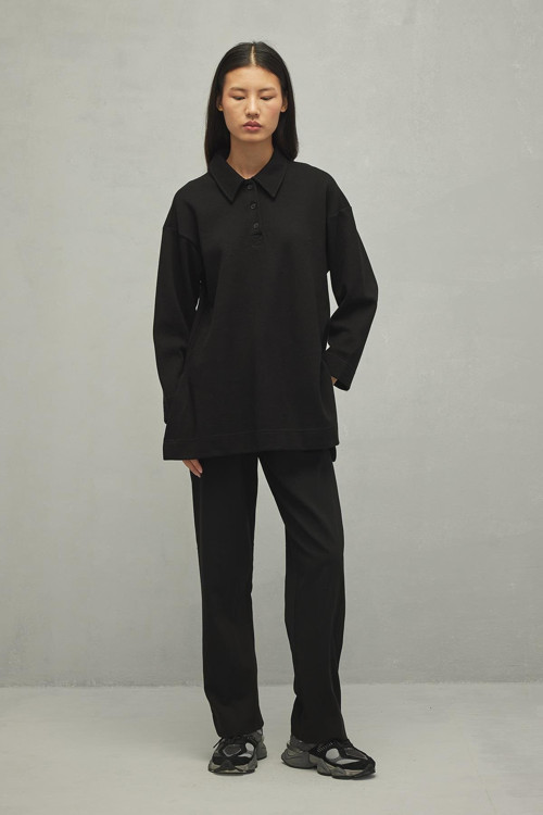 Polo Yaka Basic Sweatshirt Siyah