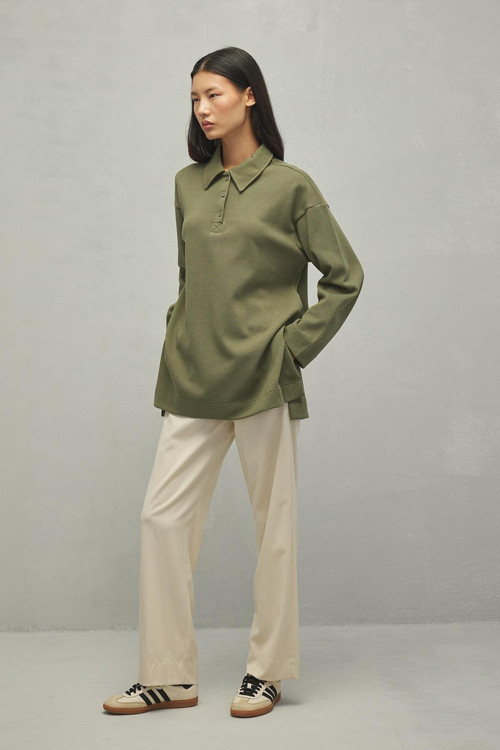 Polo Yaka Basic Sweatshirt Yeşil