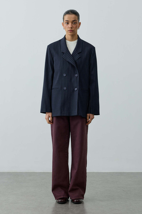 Kruvaze Çizgili Oversize Blazer Ceket Lacivert