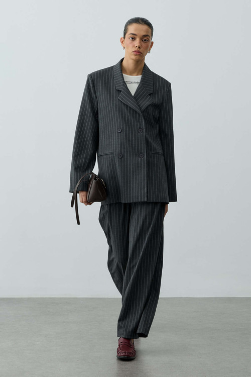Kruvaze Çizgili Oversize Blazer Ceket Antrasit