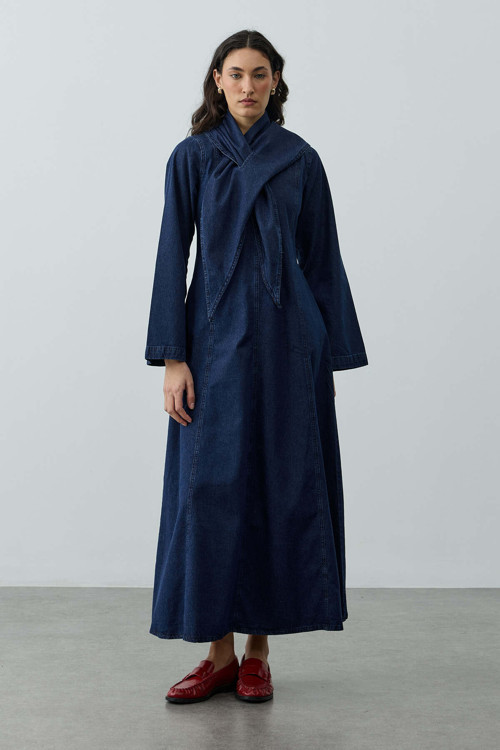 Fular Detaylı Denim Elbise Lacivert