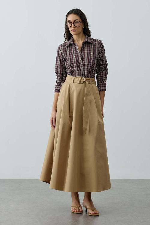 Kemerli Gabardin Etek Camel